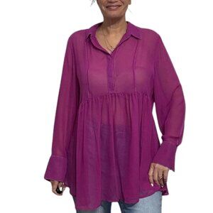 Lane Bryant Sheer Purple Tunic Blouse Size 14/16 Long Sleeve Collared Empire